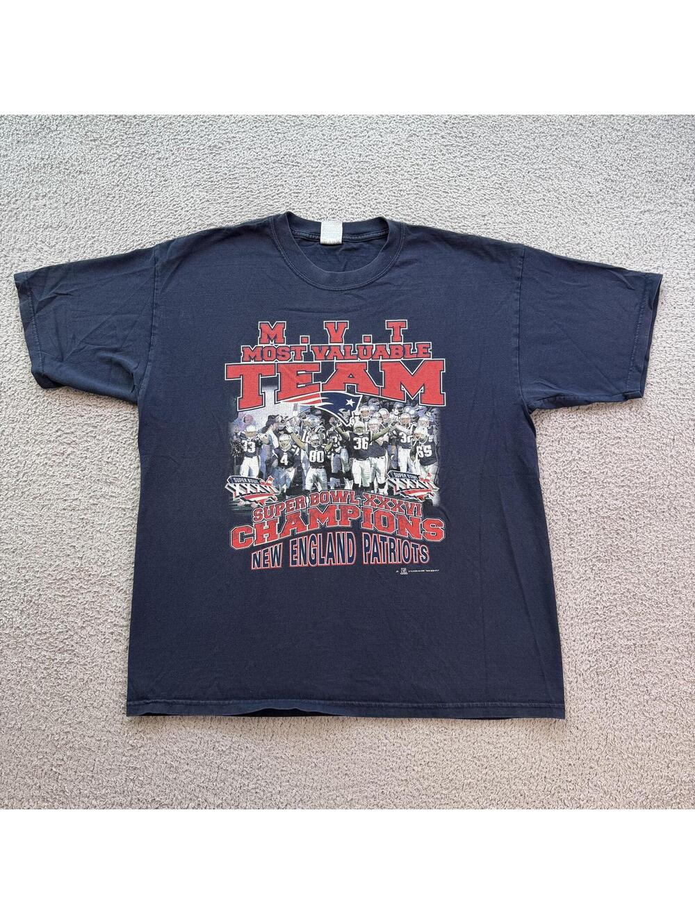 Vintage 2002 New England Patriots Super Bowl XXXVI Champions MVP NFL T Shirt XL
